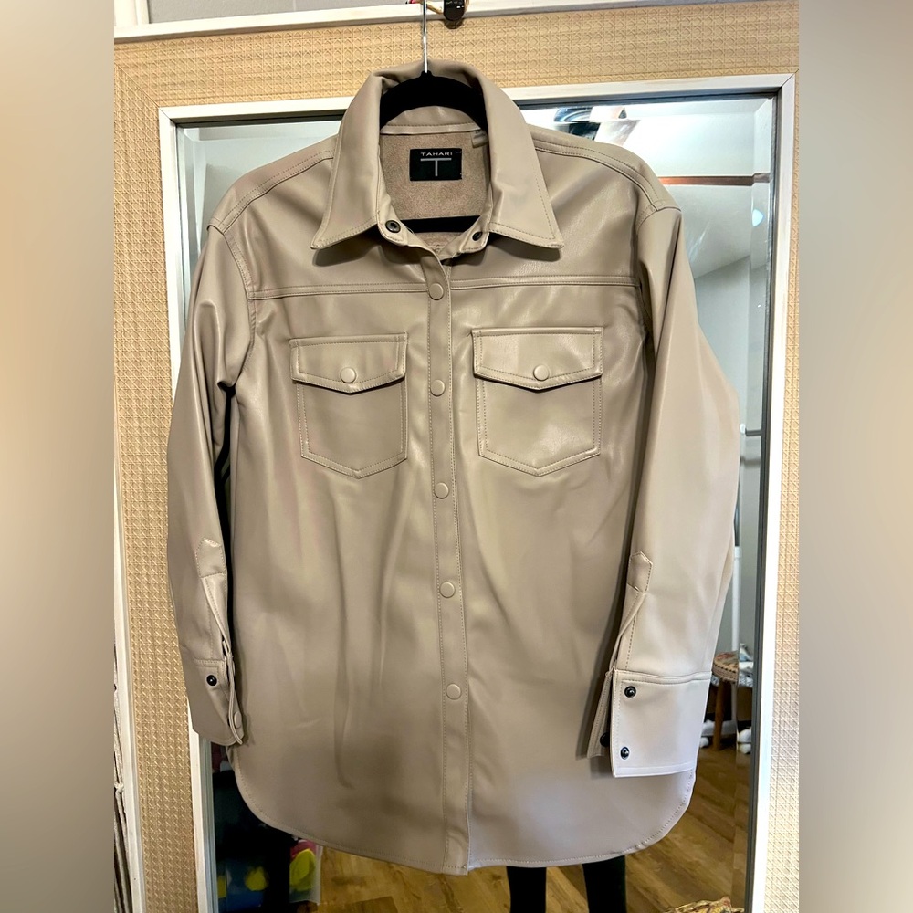 Tahari Faux Leather Shirt Jacket - Beige side small